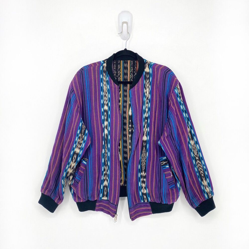 Los 3 Reyes Men M Jacket Purple Black Patchwork Stripe Knit Convertible RARE VTG